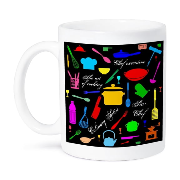 3dRose, Colorful kitchenware, utensils, cooking appliances, text, on black, 15oz Mug