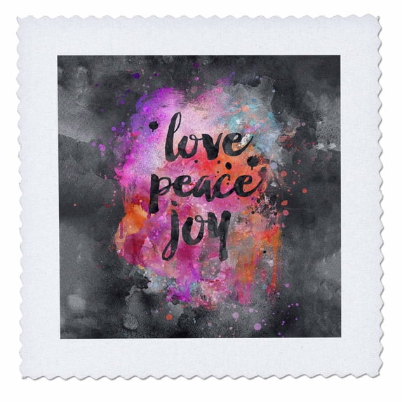 3dRose, Colorful motivational watercolor typography love peace joy, 18x18 inch quilt square