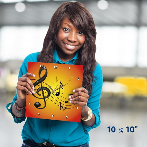 3dRose, Colorful musical abstract with 3D musical notes in black and gold on a bright yellow orange gradient, 10x10 Wall Clock