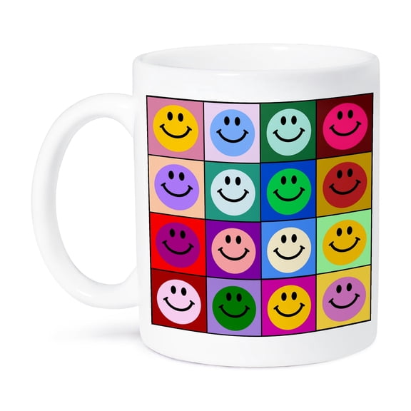 3dRose, Colorful smiling face squares Warhol style - happy rainbow smilies - bright multicolored multicolor, 11oz Mug