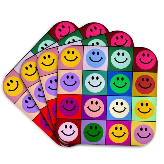 3dRose, Colorful smiling face squares Warhol style - happy rainbow smilies - bright multicolored multicolor, set of 4 Coasters - Soft
