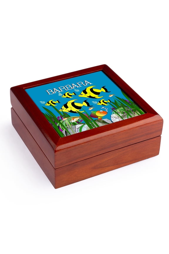 , Colourful tropical plants and fish design personalized with a female name BARBARA, Jewelry Box 5.5x5.5 inch with 4 inch tile