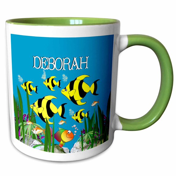 3drose, Colourful Tropical Plants and Fish Design Personalized with a Female Name Deborah, 11oz Two-tone Green Mug