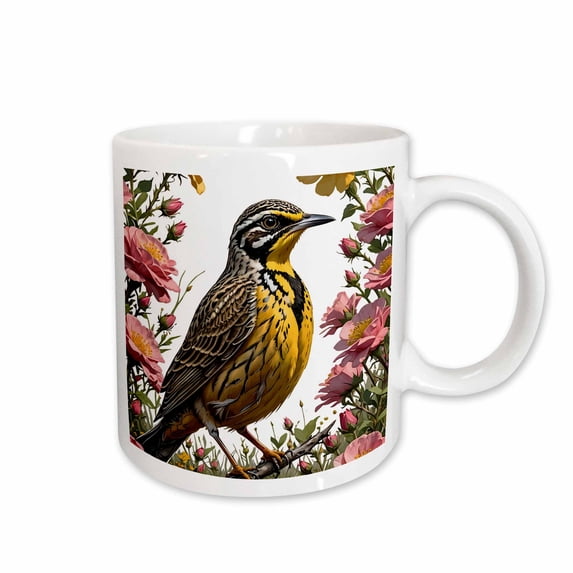 3drose, Common Western Meadowlark Surrounded by Prairie Roses, 11oz Mug