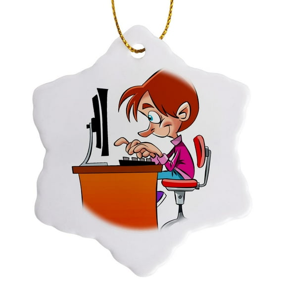 3dRose, Computer Programmer at Work Cartoon, 3 inch Snowflake Porcelain Ornament