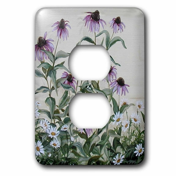 3dRose, Coneflower Patch and Daisey Patch Against Stone Wall, 2 plug outlet cover