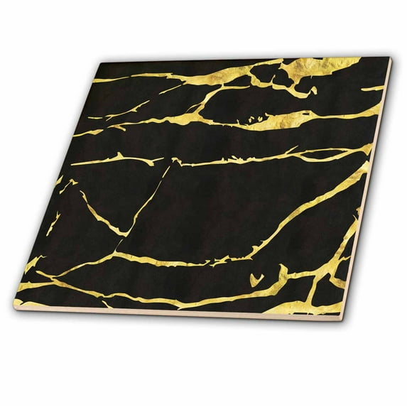 3dRose, Contemporary Digital Gold and Black Crackle Pattern, 12 Inch Ceramic Tile