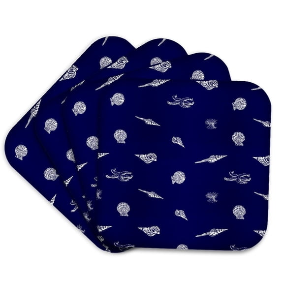 3dRose, Contemporary Nautical Navy Blue and White Seashell and starfish pattern - vintage beach seashells, set of 4 Coasters - Soft