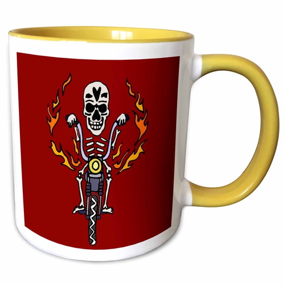 3drose, Cool Artistic Funny Skeleton Riding Motorcycle with Flames, 11oz Two-tone Yellow Mug