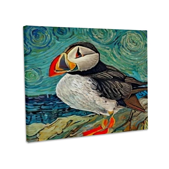 3dRose, Cool Colorful Puffin Bird on Rocks in Van Gogh Starry Night Style , Museum Grade Canvas Wrap 10x8