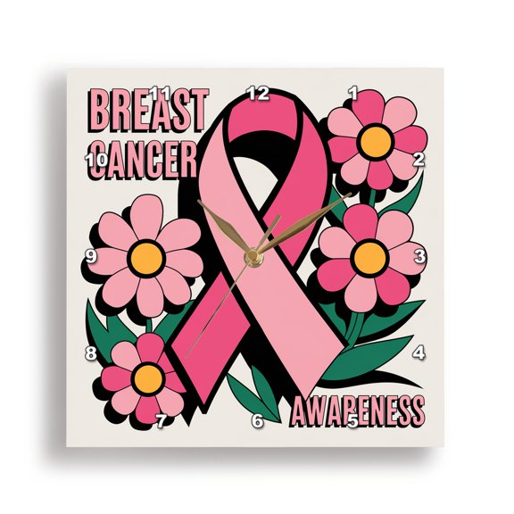 3dRose, Cool Fun Breast Cancer Awareness Pink Ribbon and Pink Flowers, 15x15 Wall Clock