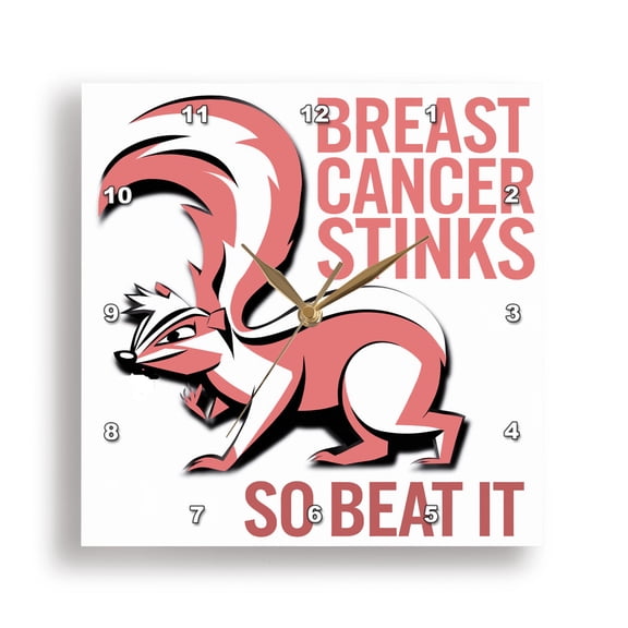 3dRose, Cool Fun Breast Cancer Stinks so beat it Pink Skunk Cancer Support, 10x10 Wall Clock