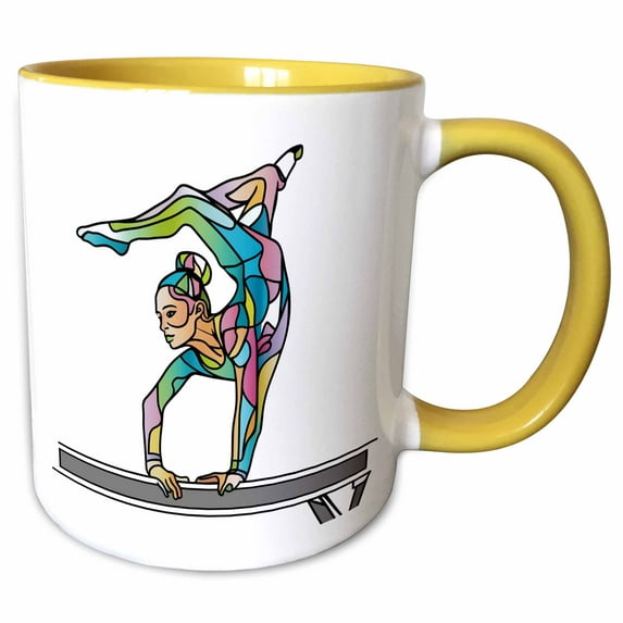 3drose, Cool Fun Colorful Female Gymnast Balance Beam Exercise Abstract Art, 15oz Two-tone Yellow Mug