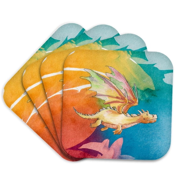 3drose, Cool Funny Colorful Watercolor Dragon and Clouds Abstract Art, Set of 4 Coasters - Soft