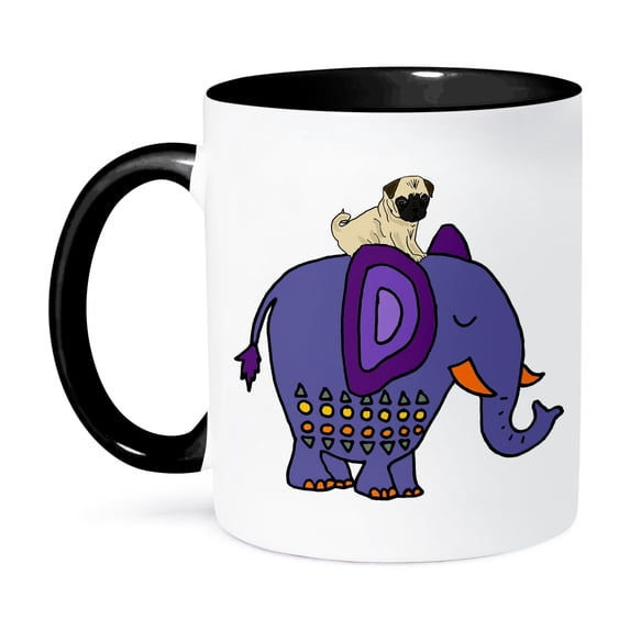 3dRose, Cool Funny Pug Puppy Dog Riding Blue Elephant Cartoon, 15oz Two-Tone Black Mug