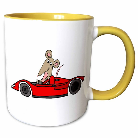 3drose, Cool Funny Rat Race Satire with Rat in Race Car Cartoon, 15oz Two-tone Yellow Mug