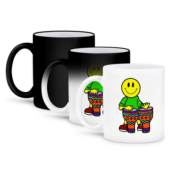 3drose, Cool Funny Smiling Face Playing Bongo Drums Cartoon, 11oz Magic Transforming Mug