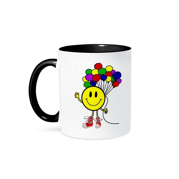 3dRose, Cool Funny smiling Face with Balloons Cartoon, 15oz Two-Tone Black Mug