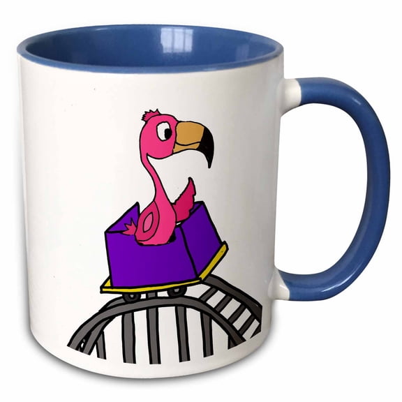 3drose, Cool Humorous Pink Flamingo Bird Riding Roller Coaster Art, 11oz Two-tone Blue Mug