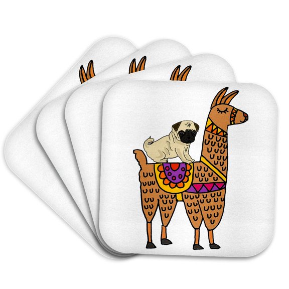 3dRose, Cool Humorous Pug Dog Riding llama Cartoon, Set of 4 Coasters - Soft