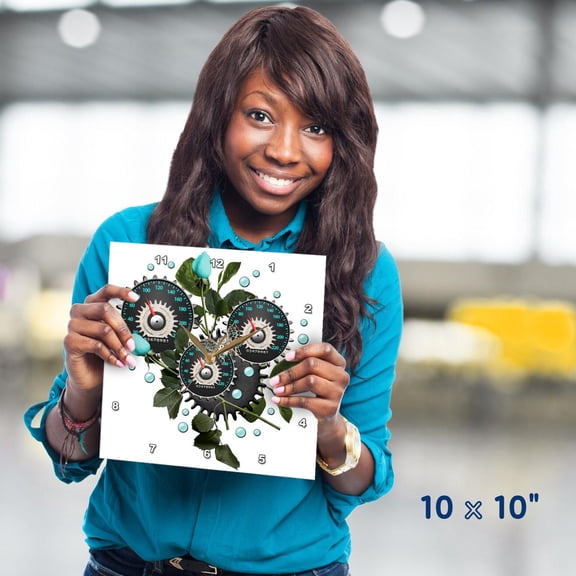 3dRose, Cool Steampunk Barometer and Aqua Roses, 10x10 Wall Clock