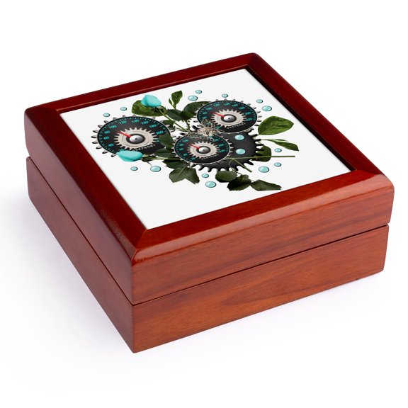 3dRose, Cool Steampunk Barometer and Aqua Roses, Jewelry Box 5.5x5.5 inch with 4 inch tile