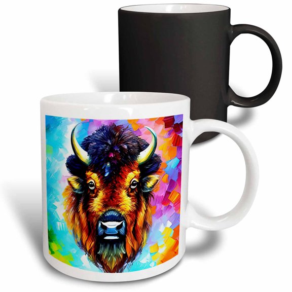 3drose, Cool Bison Head Portrait, Colorful Background. Family-friendly Gift, 11oz Magic Transforming Mug