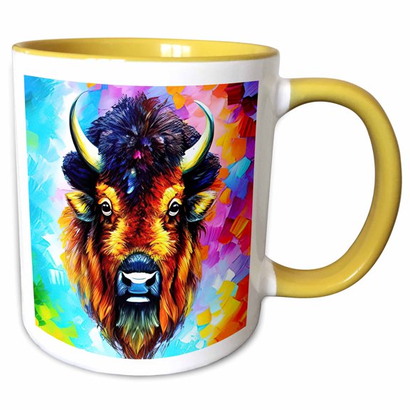 3drose, Cool Bison Head Portrait, Colorful Background. Family-friendly Gift, 11oz Two-tone Yellow Mug