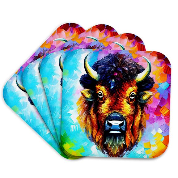 3drose, Cool Bison Head Portrait, Colorful Background. Family-friendly Gift, Set of 4 Coasters - Soft