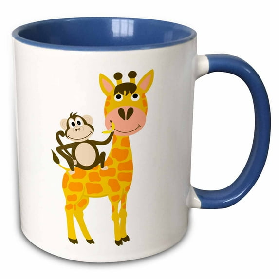 3drose, Cool Fun Monkey Holding a Banana and Riding a Funny Giraffe, 15oz Two-tone Blue Mug