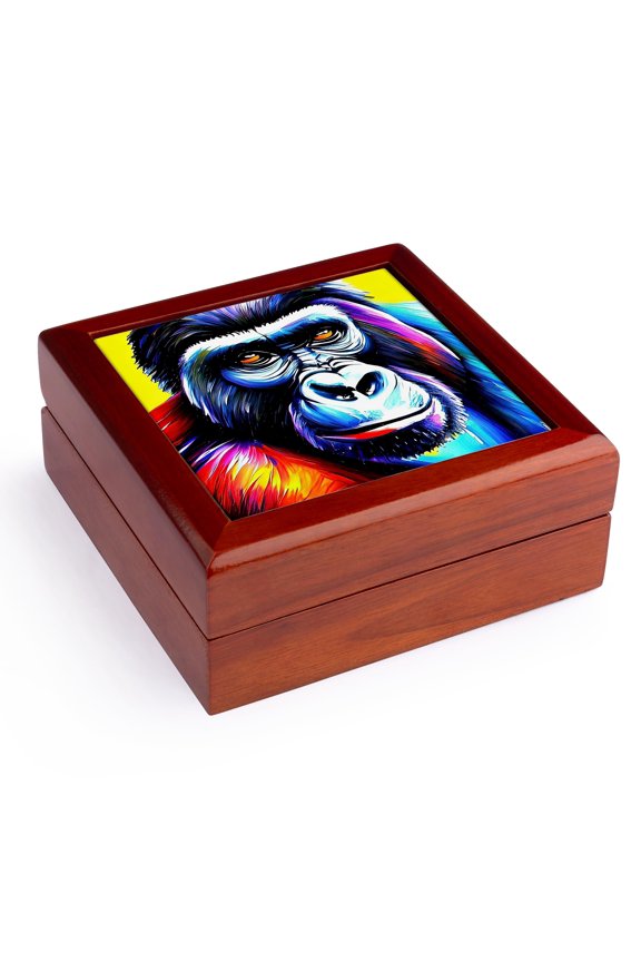 , Cool gorilla ape face portrait. Yellow background. Funny gift for all, Jewelry Box 5.5x5.5 inch with 4 inch tile