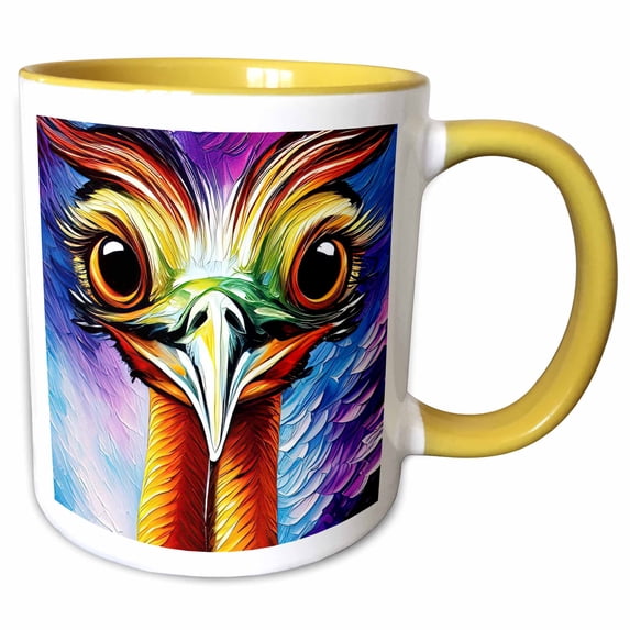 3drose, Cool Ostrich Bird Face, Orange, Green, Violet Colors. Gift for All, 11oz Two-tone Yellow Mug