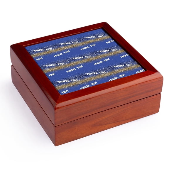 3dRose, Cool pattern of Mazel Tov text and yellow lines on blue, cool gift, Jewelry Box 5.5x5.5 inch with 4 inch tile