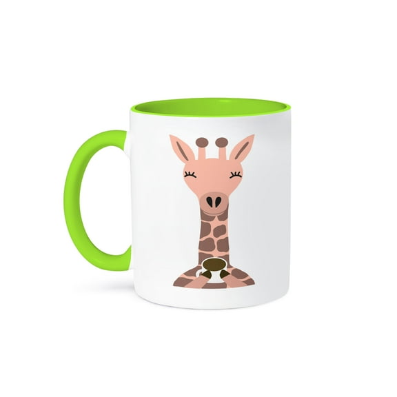 3drose, Cool Silly Creative Pink Giraffe Drinking a Hot Cup of Coffee, 11oz Two-tone Green Mug
