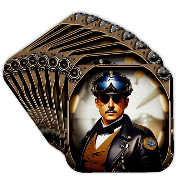 3drose, Cool Young Man - Aviator of Fantastic Era in Helmet and Pilot Glasses, Set of 8 Coasters - Soft