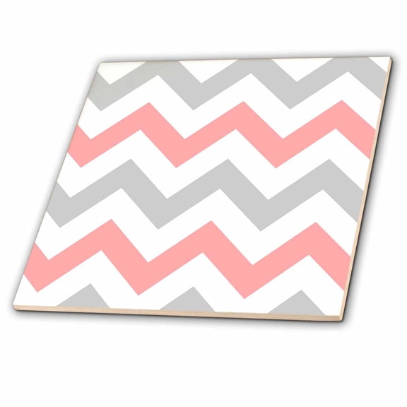 3dRose, Coral and Gray Chevron zig zag pattern - orange pink grey zigzags, 4 Inch Ceramic Tile