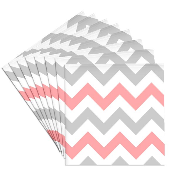3dRose, Coral and Gray Chevron zig zag pattern - orange pink grey zigzags, Set of 8 Ceramic Tile Coasters