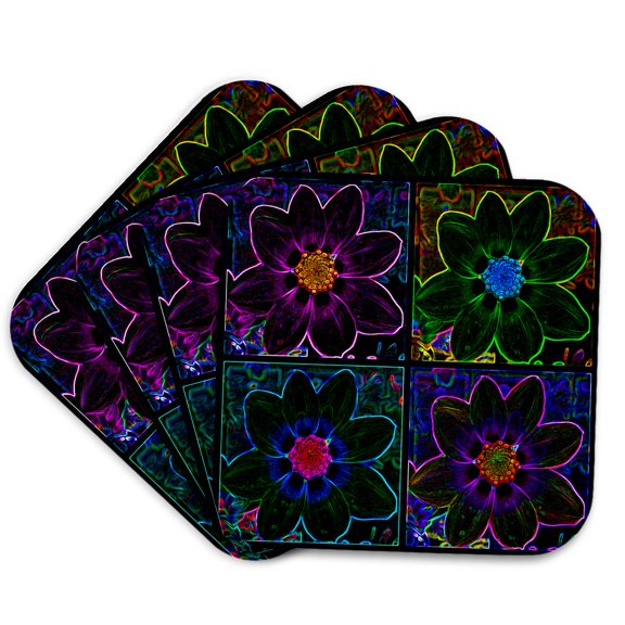 3drose, Cosmos Flower Collage in Neon Glow, Set of 4 Coasters - Soft