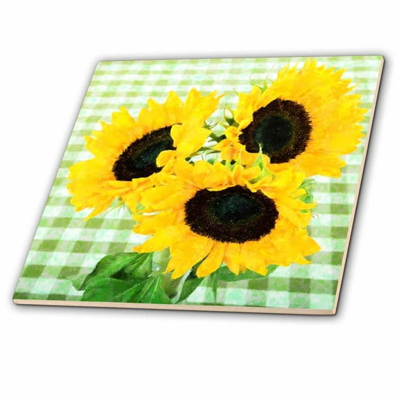 3dRose, Country Sunflowers On Checkered Tablecloth, 8 Inch Ceramic Tile