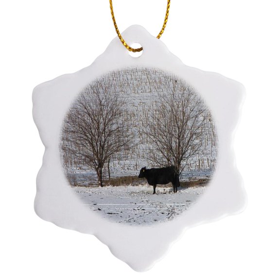 3drose, Cow Standing in the Snow, 3 inch Snowflake Porcelain Ornament