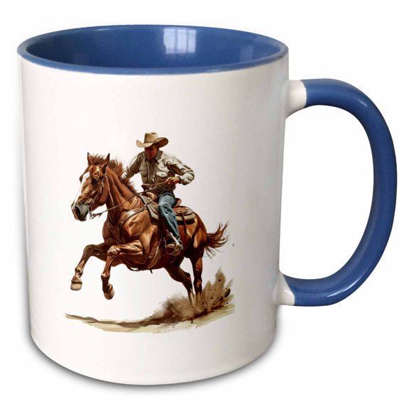3drose, Cowboy Rides Like Mad. Clouds of Dust. Elegant American Legend Gift, 11oz Two-tone Blue Mug