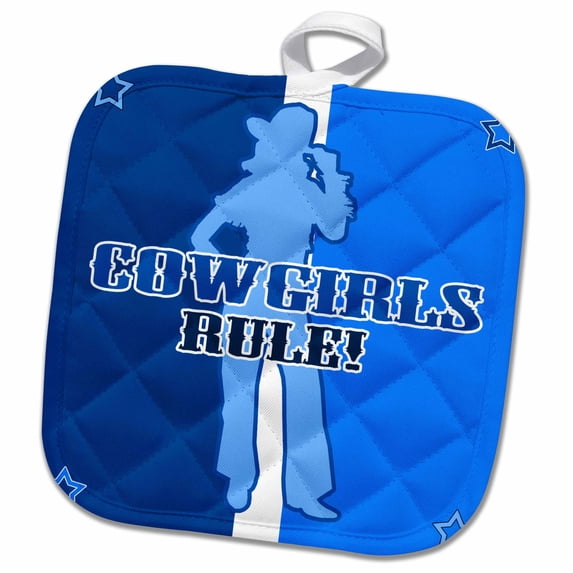 3dRose, Cowgirls Rule. On Blue Stripes with Stars, 8x8 Potholder