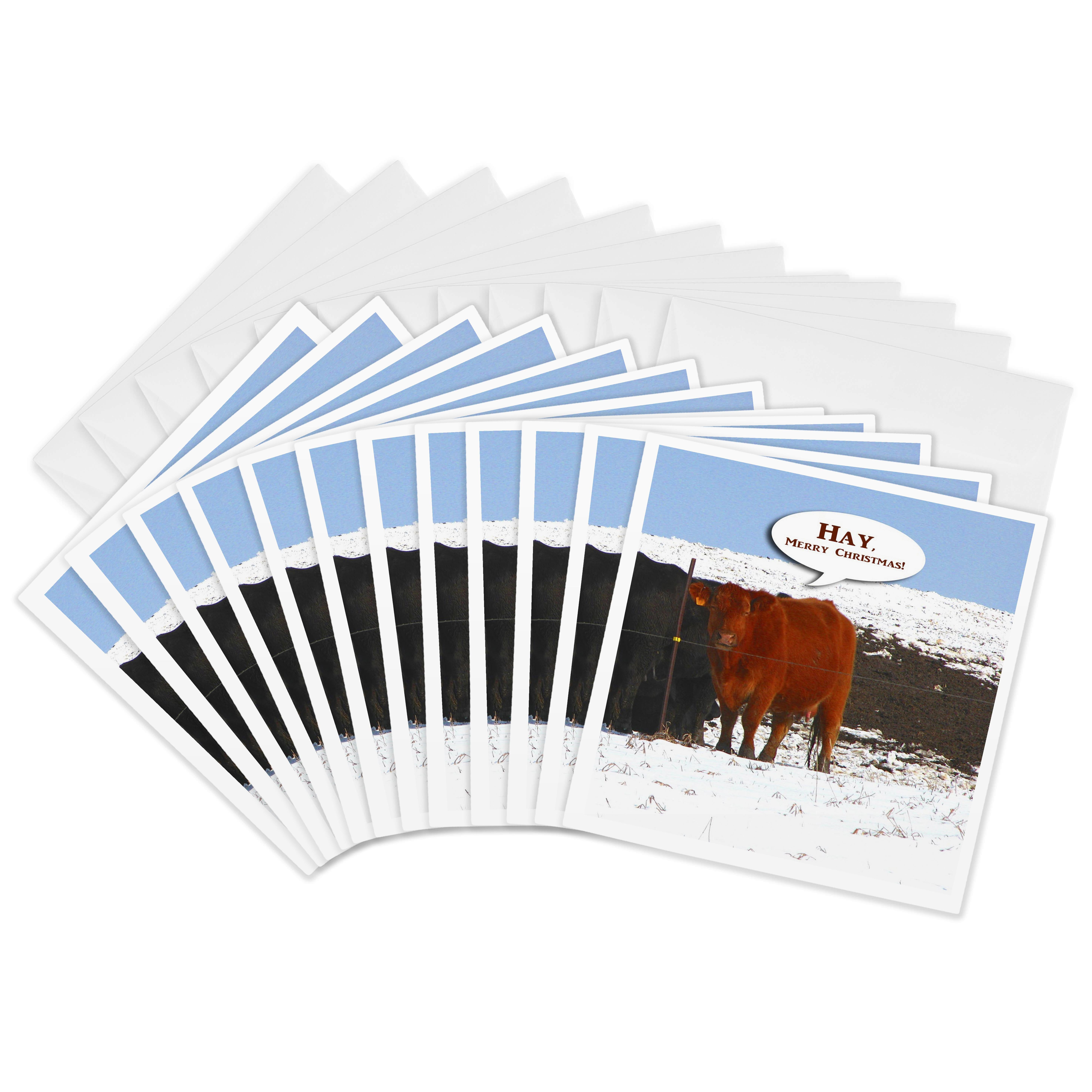 3dRose, Cows, Hay Merry Chrstmas, 12 Greeting Cards with envelopes