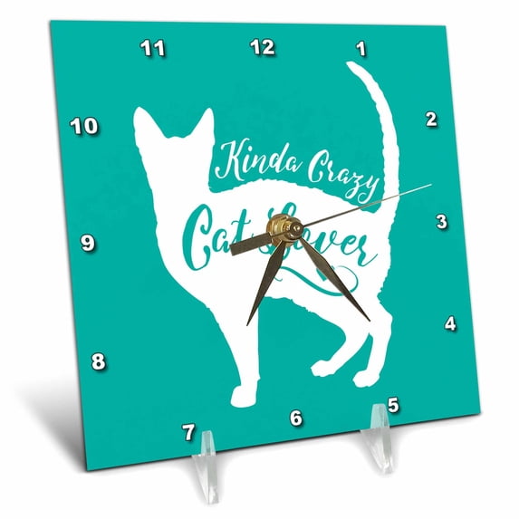 3dRose, Crazy Cat Lover- Funny Cat Design in White on Teal Background, 6x6 Desk Clock
