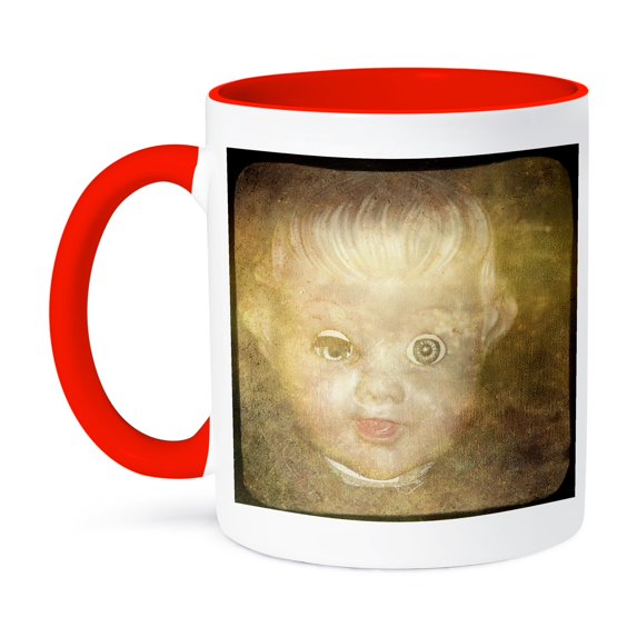 3dRose, Creepy Doll Head, 11oz Two-Tone Red Mug