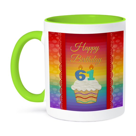 3dRose, Cupcake with Number Candles, 61 Years Old Birthday , 11oz Two-Tone Green Mug