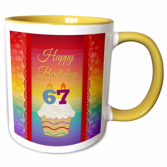 3drose, Cupcake with Number Candles, 67 Years Old Birthday, 11oz Two-tone Yellow Mug