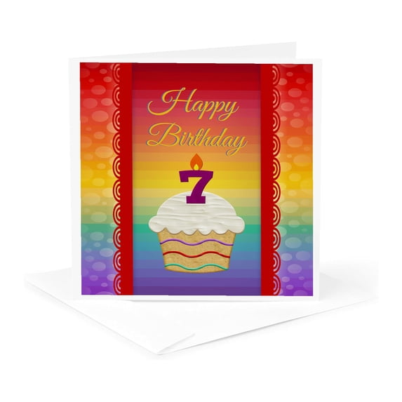 3dRose, Cupcake with Number Candles, 7 Years Old Birthday , 1 Greeting Card with envelope