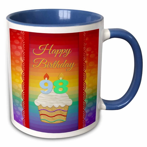 3drose, Cupcake with Number Candles, 98 Years Old Birthday, 15oz Two-tone Blue Mug