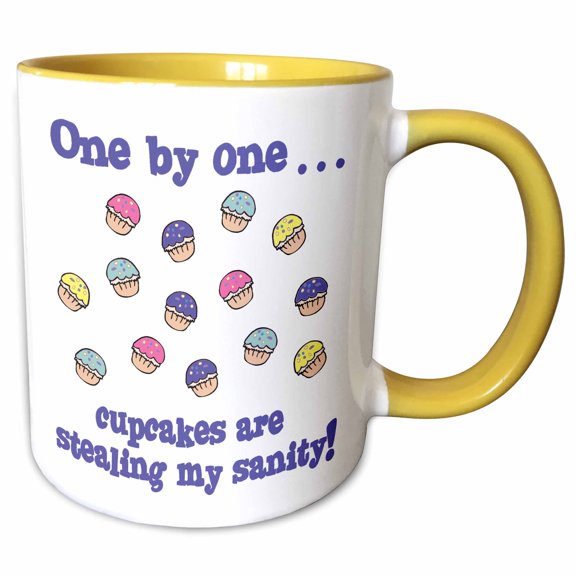 3drose, Cupcakes Stealing My Sanity Funny Cupcake Saying Design, 11oz Two-tone Yellow Mug